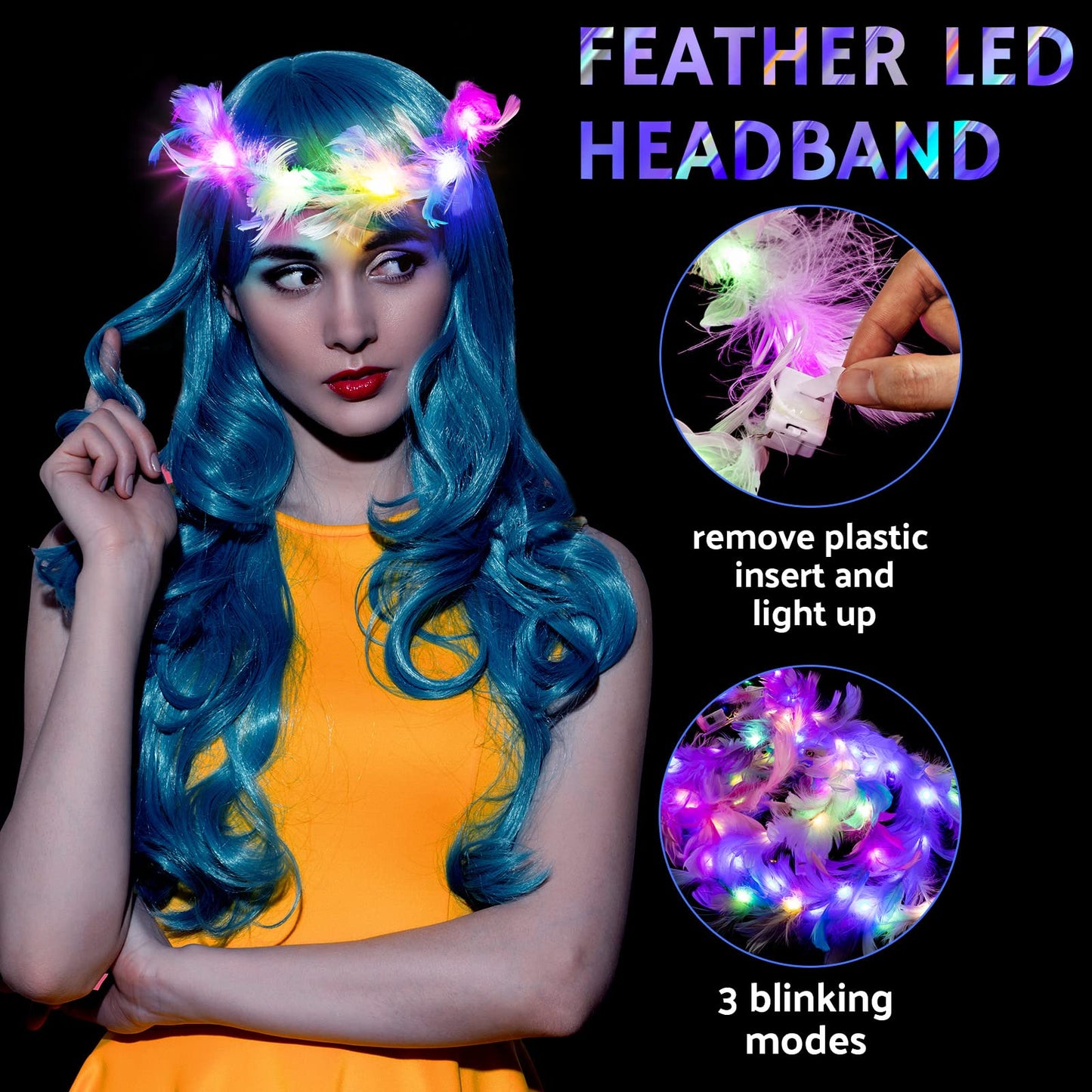 Janinka 28 Pcs Feather Crown Headband - 6 Styles LED Light Up Hair Accessories with 3 Light Modes for Women Girls Wedding Festival Party