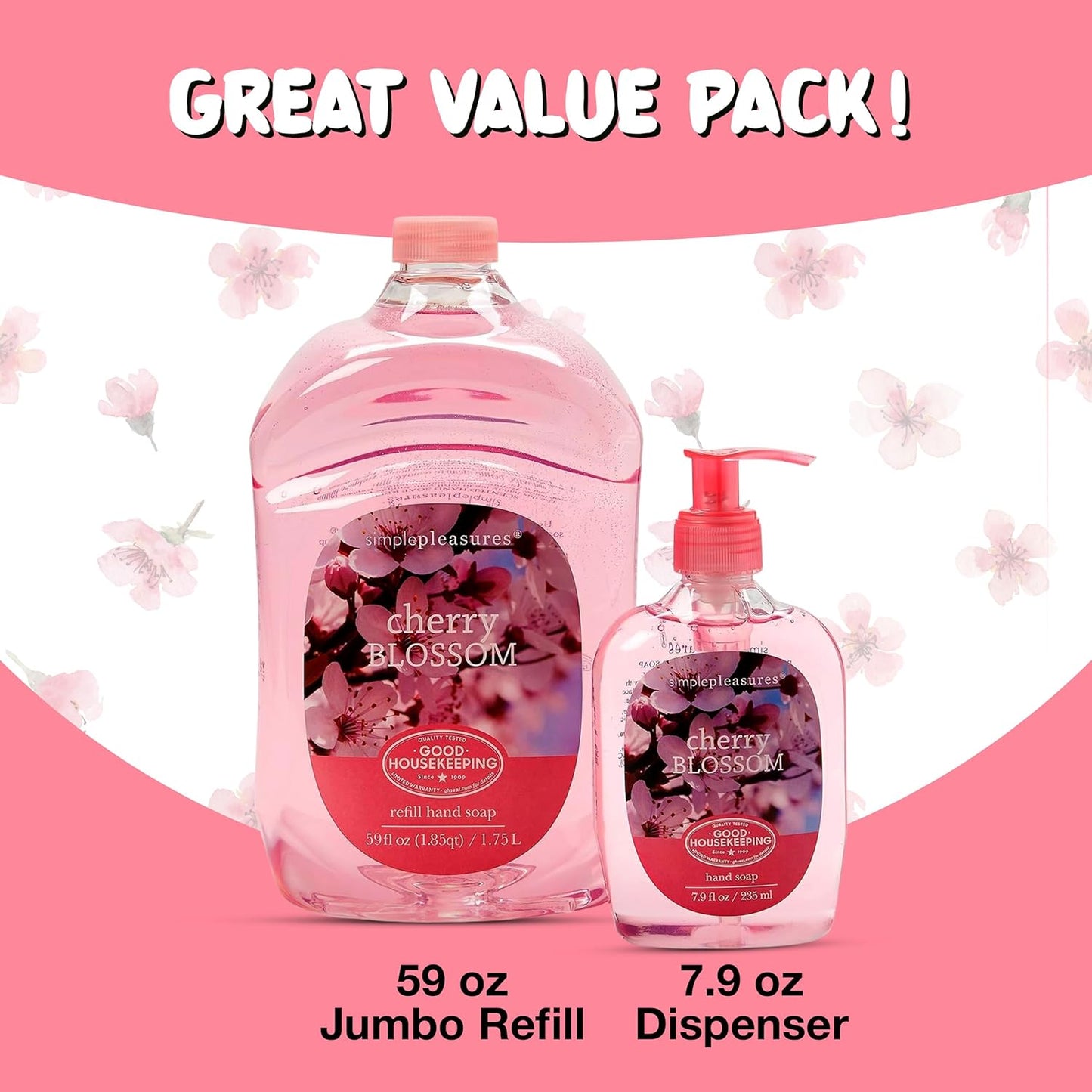 Simple Pleasures Premium Hand Soap Refills - Cherry Blossom Scent | 7.9 oz Bottle & 59 oz Jumbo Refill