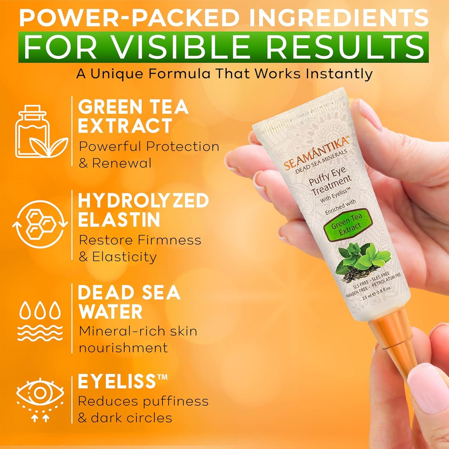 SEAMANTIKA Puffy Eye Treatment - Instant Wrinkle & Puffiness Relief | Hydrating Eye Cream with Green Tea & Dead Sea Minerals - 0.8 fl. oz.