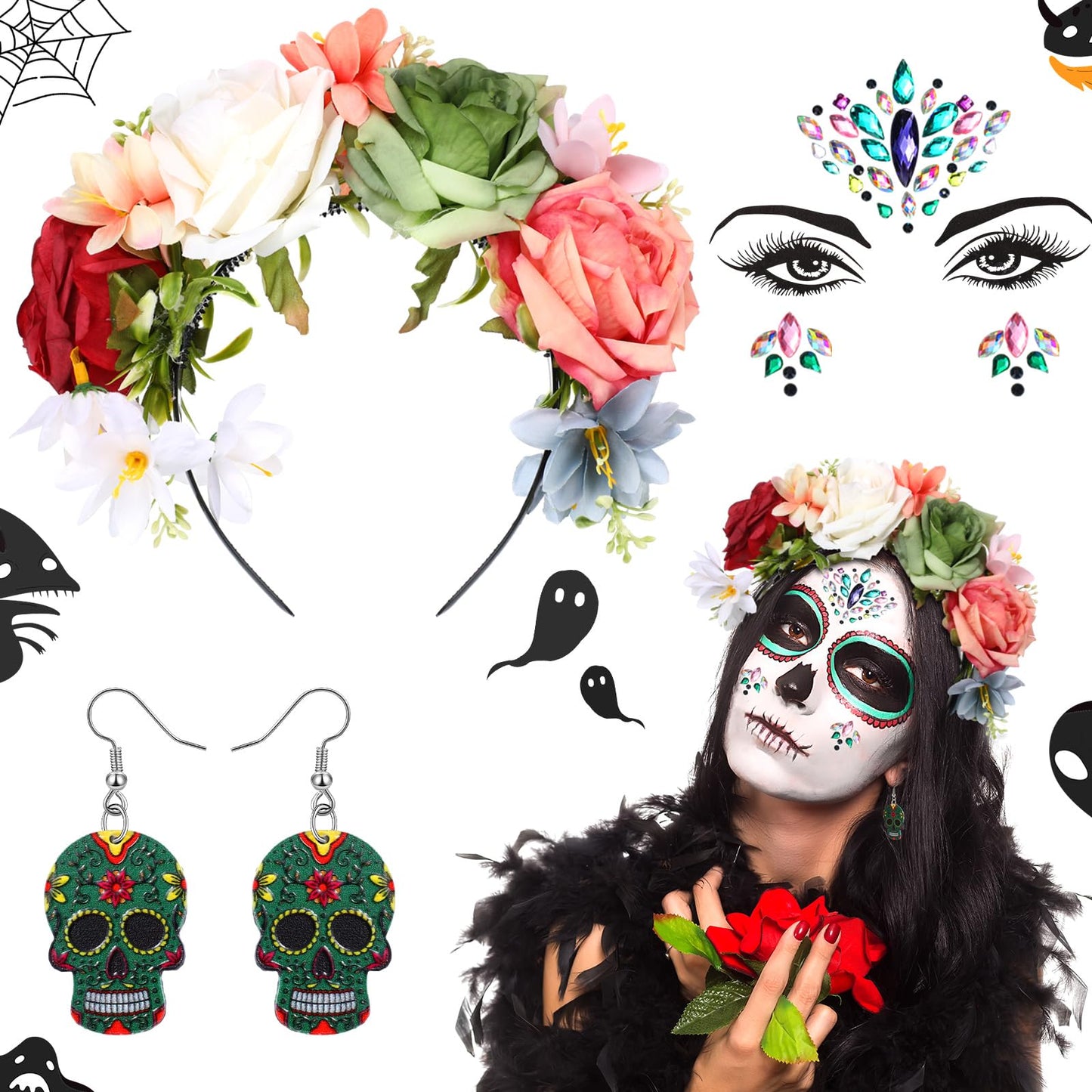 Riceshoot 3 Pcs Day of the Dead Costumes Accessories for Women Halloween Headbands Skull Earrings Gems(Colorful Hue)