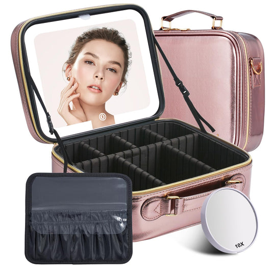 Mocado Travel Makeup Bag with LED Lighted Mirror, Travel Makeup Organizer, Makeup Case with 3 Color Lighted Setting and 10x Magnifying Mirror, Portable Storage and Adjustable Dividers (Champagne)