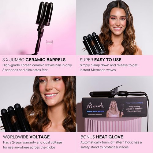 Mermade PRO Hair Waver - 1.25" 3 Barrel Curling Iron for All Hair Types | Ceramic Barrel, Black with Glove