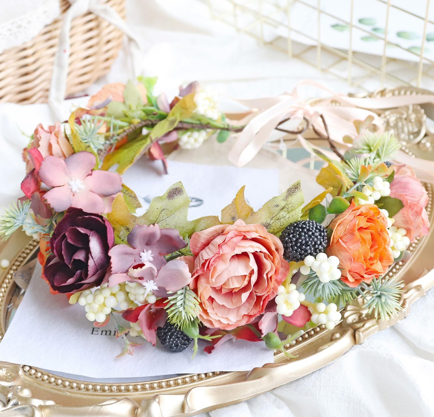 Trepveter Floral Garland Crown Boho Flower Headband Hair Wreath Floral Headpiece Halo Cosplay Halloween Wedding Bridal Photo Props Renaissance Party Prom Orange