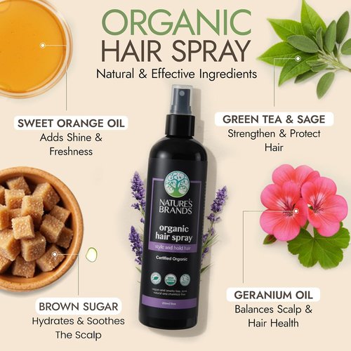 Nature's Brands Organic Hair Spray, 8 Oz - Biotin-Enriched Non Toxic Hairspray with Green Tea, Sage & Geranium Oil for Long-Lasting Hold, Shine, Frizz Control, and Volume Boost - Paraben-Free, Vegan