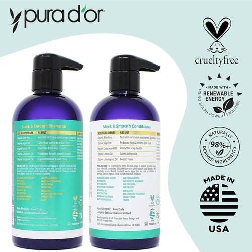 PURA D'OR Sleek & Smooth Conditioner - Anti-Frizz Formula for Luminous, Easy-to-Comb Hair | 16oz