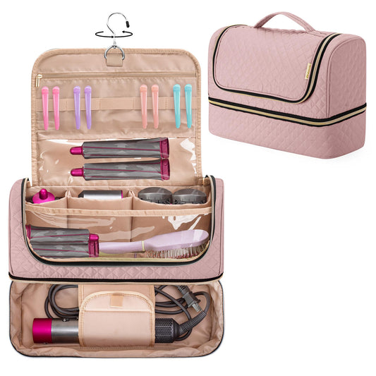 Yarwo Double-layer Storage Bag Compatible with Dyson Airwrap Multi-styler Complete Long and Attachments, Portable Travel Case with Hanging Hook for Hair Curler Accessories, Dusty Rose (Bag Only)