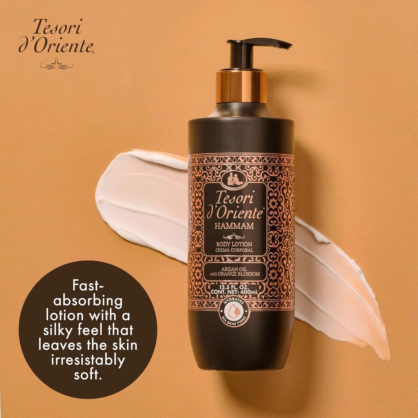Tesori d’Oriente Body Lotion - Fast-Absorbing Argan Oil Moisturizer | 13.5 fl oz, Orange Blossom Scent