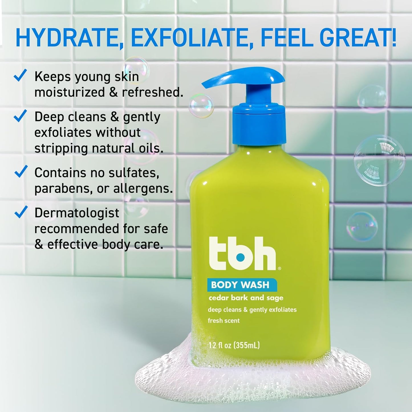 TBH Body Wash for Teens & Kids - Gentle Formula for Sensitive Skin - Natural & Sulfate-Free - 12 oz