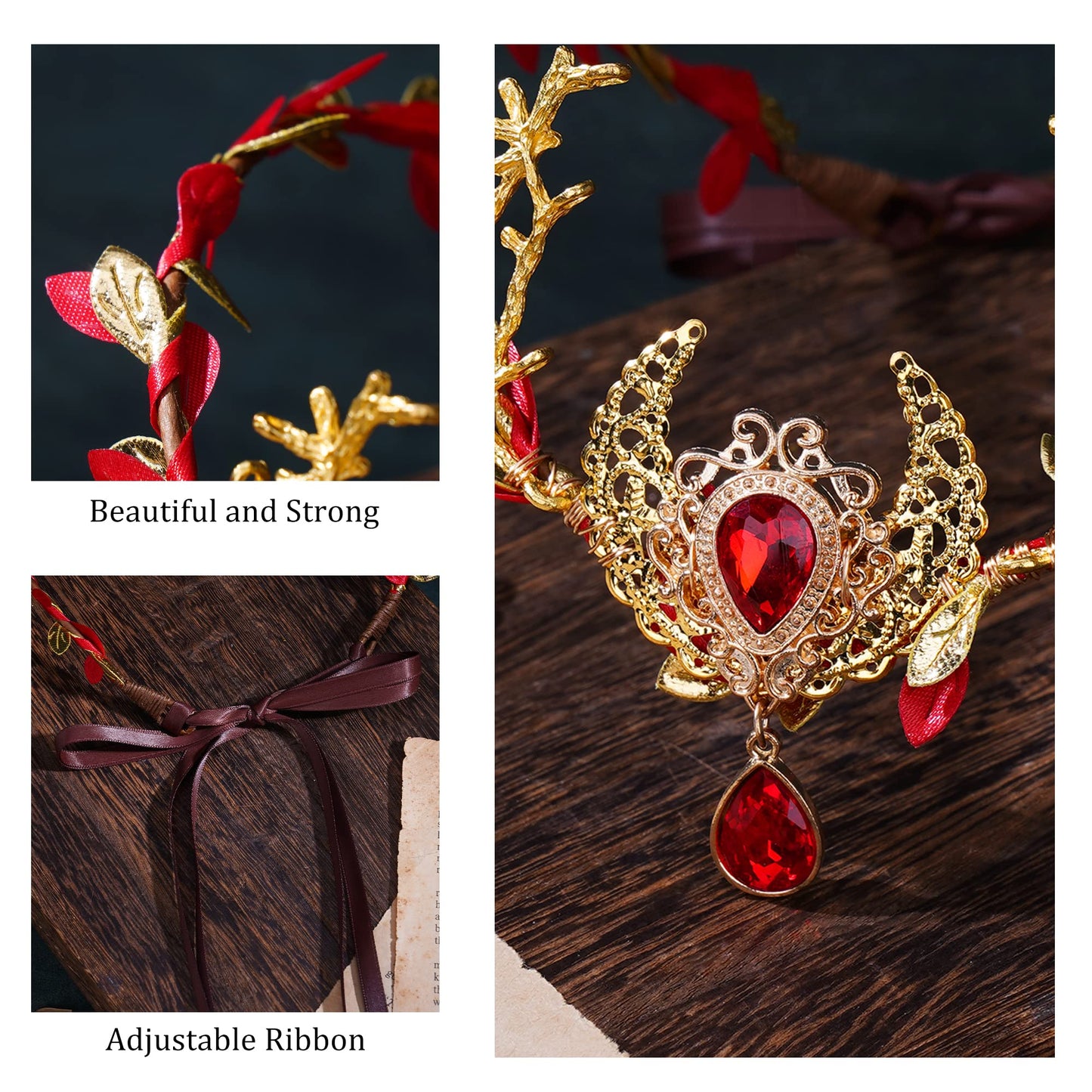 MOSTORY Handmade Red Fairy Moon Crown - Flower Headpiece Woodland Elf Tiara Floral Circlet for Queen Witch Renaissance Halloween Prom Cosplay Photography