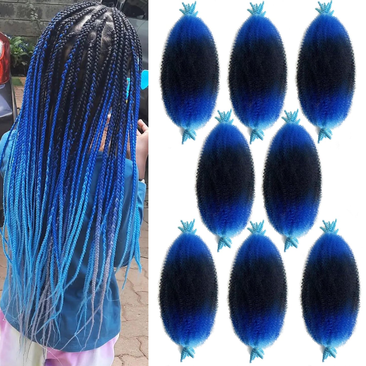 Ombre Blue Marley Twist Braiding hair 16 Inch Springy Afro Twist Hair Pre Separated Kinky Twist Hair Wrapping Hair for Soft Locs, 3 Tones Black Blue Sky Blue Marley Hair,Kinky Twist Hair for Braiding