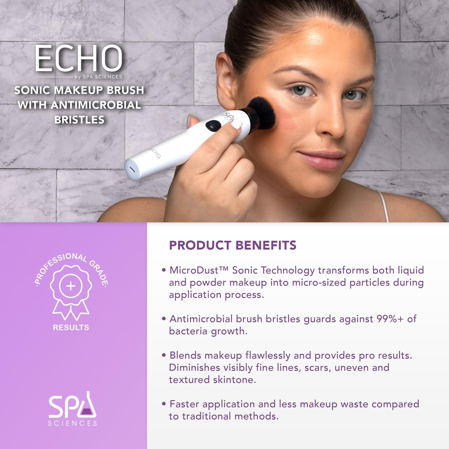 Spa Sciences ECHO - Makeup Brush for Flawless Blending, Contouring, Highlight & Airbrush Finish - 3 Speeds - Rechargeable