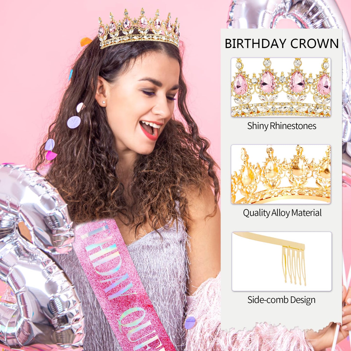 Vovii Birthday Crown & Sash Set for Women, Pink Rhinestone Tiara & Birthday Queen Sash for Women Birthday Decorations, Happy Birthday Party Decorations for Birthday Crown Adult Woman