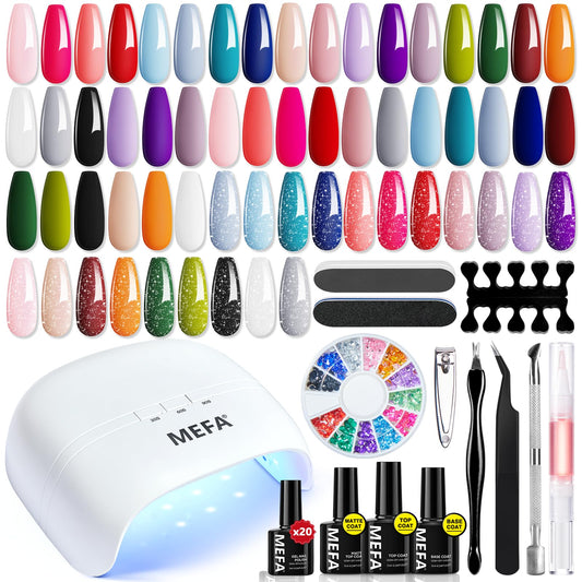 MEFA 34 Pcs Gel Nail Polish Kit with U V Light, 20 Colors All Seasons Soak Off Easter Gel Polish Nail Set with Matte/Glossy Base Top Coat Essential Manicure Tools Nails Art DIY Salon Home