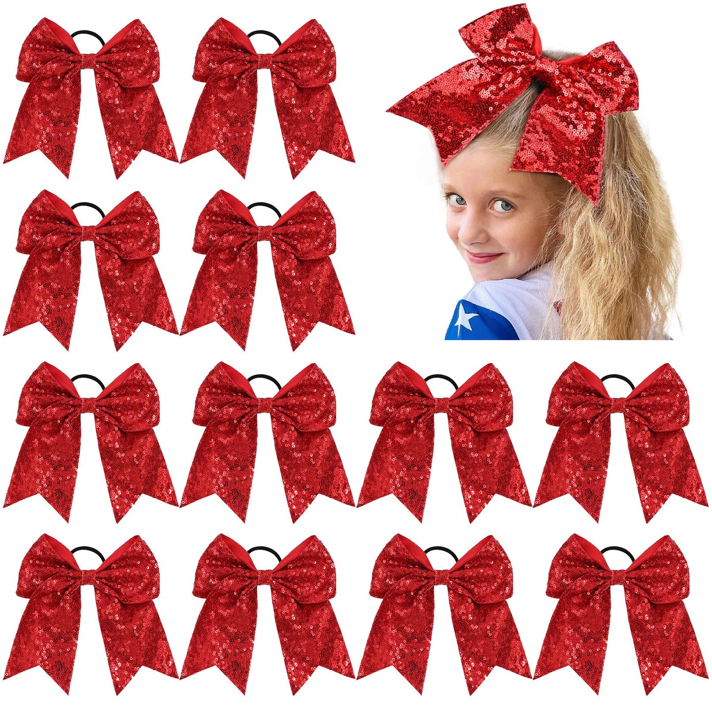 12 PCS 8" Large Glitter Cheer Bows Red Girl Hair Bows Sparkly Cheerleading Softball Team Bow Hair Accessories for cheerleaders football Competition Sports