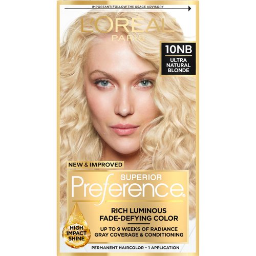 L'Oreal Paris Superior Preference Luminous Fade-Defying Permanent Hair Color, Hair Dye For Up to 9 Weeks of Radiance, Ultimate Natural Blonde 10NB, 1 Hair Dye Kit