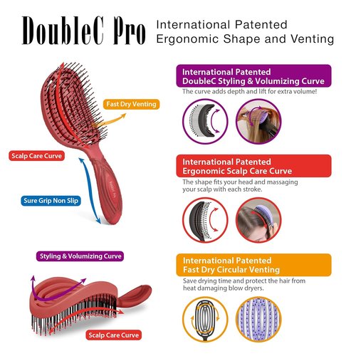 NuWay DoubleC Pro Detangling Hair Brush - Patented Scalp Care Design for Gentle Styling | Red
