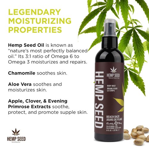 Hemp Seed Body Mist by Skiennix - Moisturizing & Invigorating Formula with Hemp Seed Oil, Chamomile & Aloe Vera - Vegan & Cruelty-Free