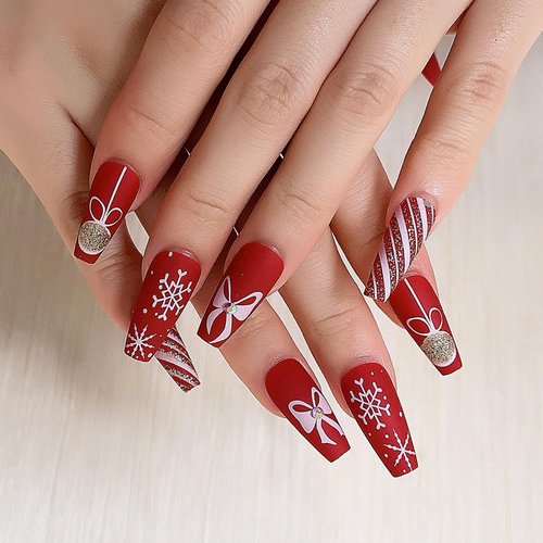 Christmas Press on Nails Long Coffin Fake Nails with Ribbon Designs Red Pink Stripe Glue on Nails Snowflake Gift Stick on Nails Glossy Reusable Xmas False Nails for Women Girls Winter Holiday Manicure