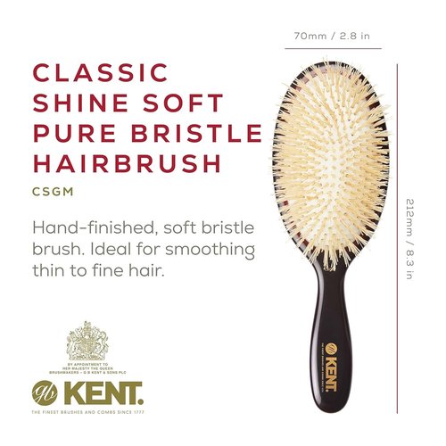 Kent CSGM Classic Shine Oval Cushion Straightening Brush - Soft White Boar Bristle for Fine Hair