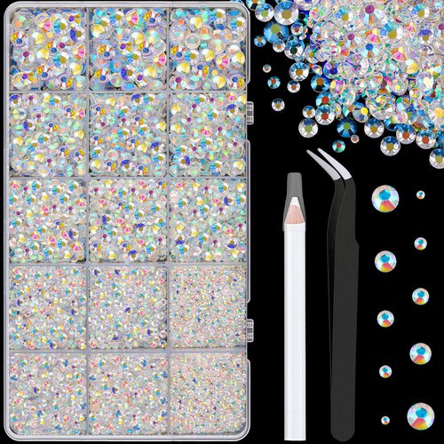 16000Pcs Resin Jelly Rhinestones with Tweezers for Crafting, Transparent AB 2-6mm Mixed Sizes Flatback Gems, Bedazzling Crystal for DIY Crafts Clothing Tumblers Mugs Shoes Fabric Nail Art