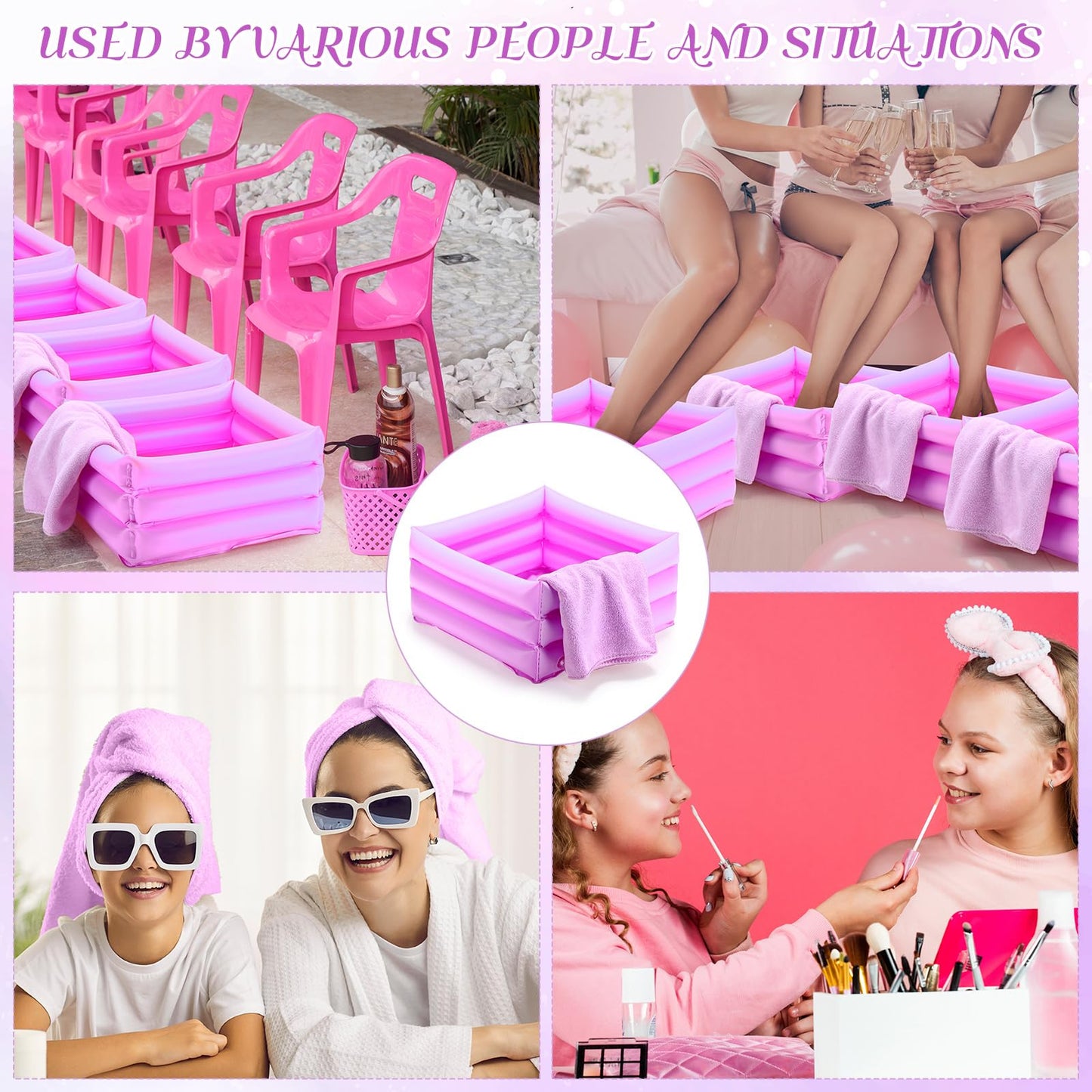 FillTouch 12 Pcs Foot Spa Kit for Girls 12.5 x 12.5 x 8.3 Inch Foot Care Bath and 12 x 28 Inch Hand Towels Washbasin Salon Towels for Spa Party Sleepover Supplies(Light Purple)