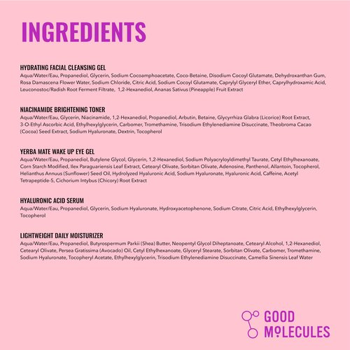 Good Molecules Daily Skincare Routine Set with Hydrating Cleanser, Niacinamide Toner, Hyaluronic Acid Serum, Moisturizer, Eye Gel, 5 Pieces