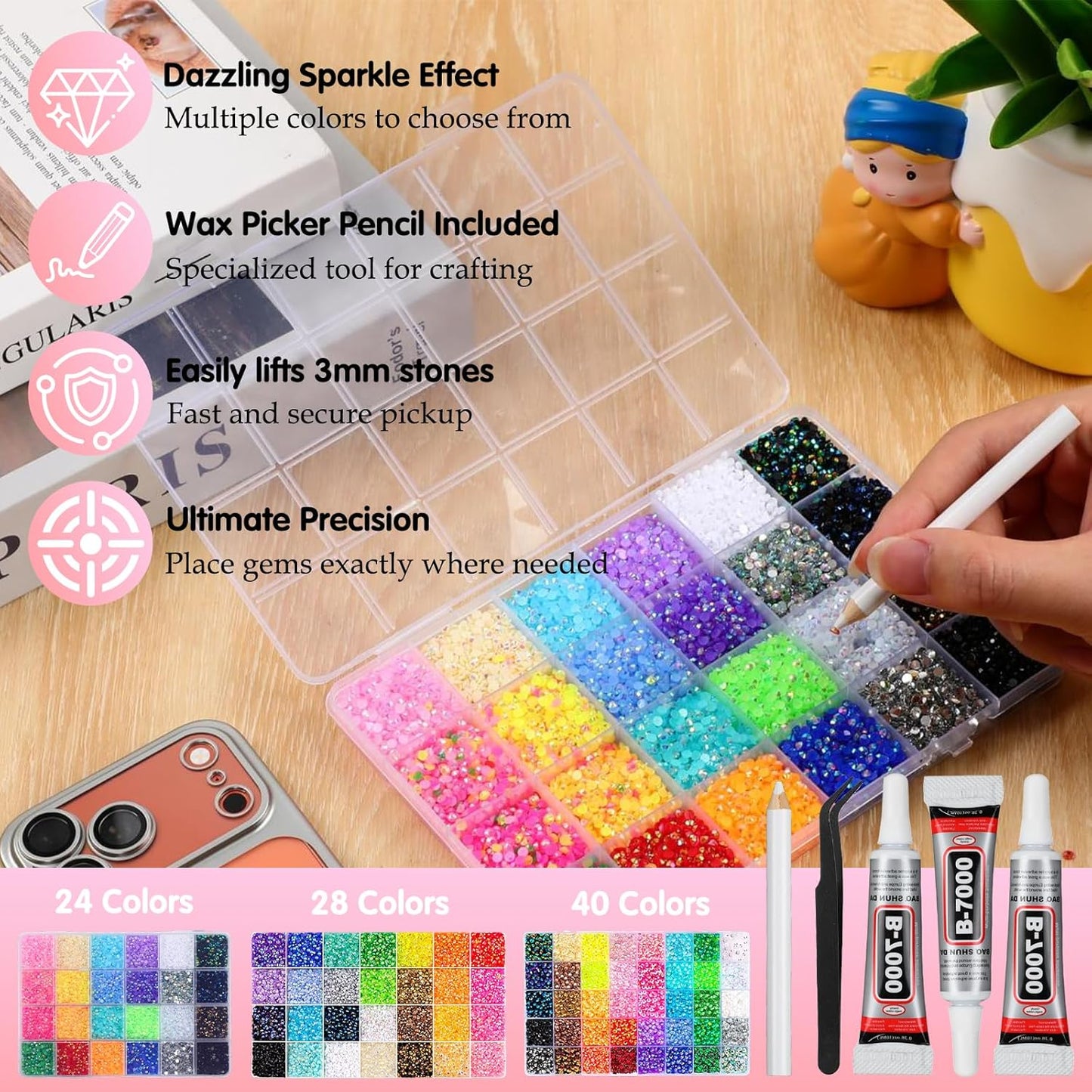 Multicolor High-Gloss Resin Flatback Rhinestones (3mm) with 3Pcs B7000 Jewelry Glue - DIY Bedazzling Kit for Diamond Art, Nail Art & Crafts (32000)