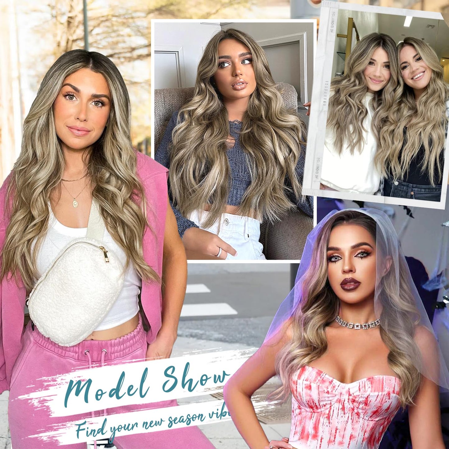 KooKaStyle Clip in Synthetic Hair Extensions Long Wavy 4PCS Thick Hairpieces Light Brown mix Light Blonde F8/613 Fiber Double Weft Natural Hair Extensions 20 Inch for Women