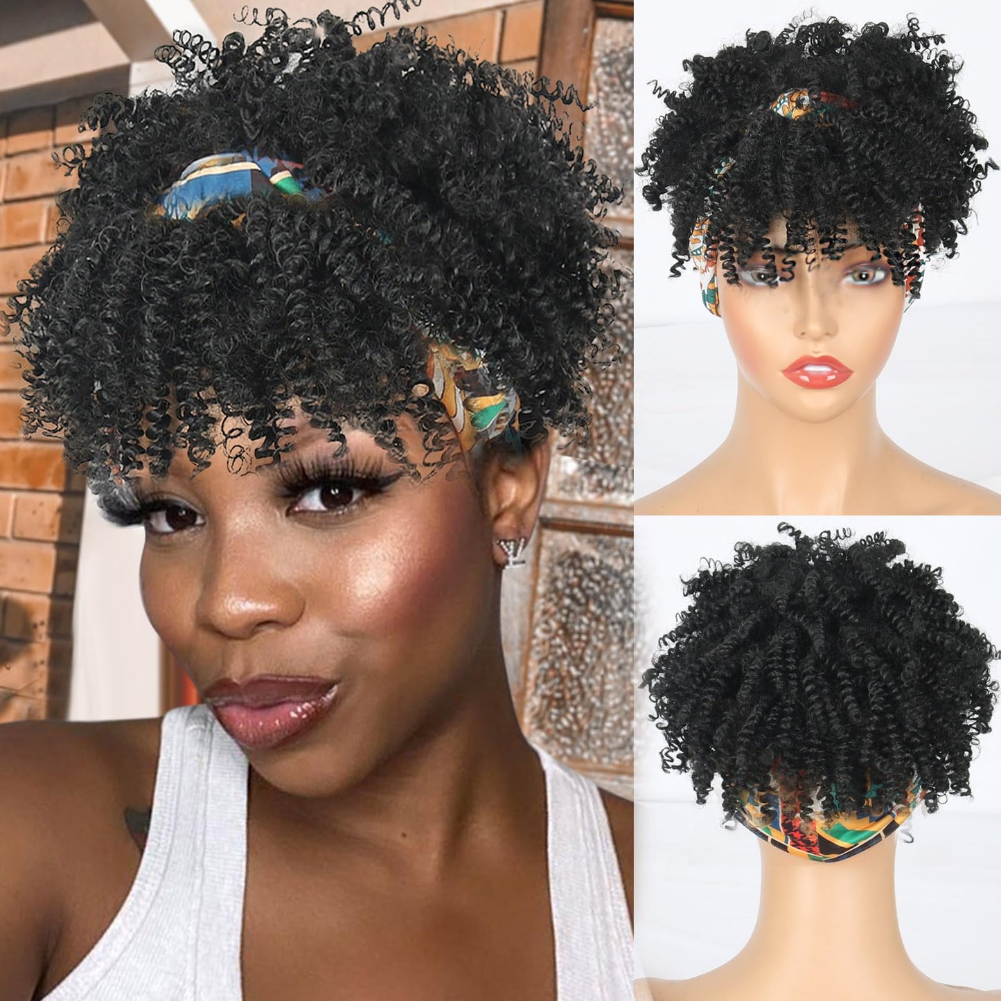 LEOSA Afro Curly Headband Wig with Bangs Short Afro Black Headband Wigs for Black Women Kinky Curly Afro Puff with Bangs Drawstring Ponytail Extension for Black Women