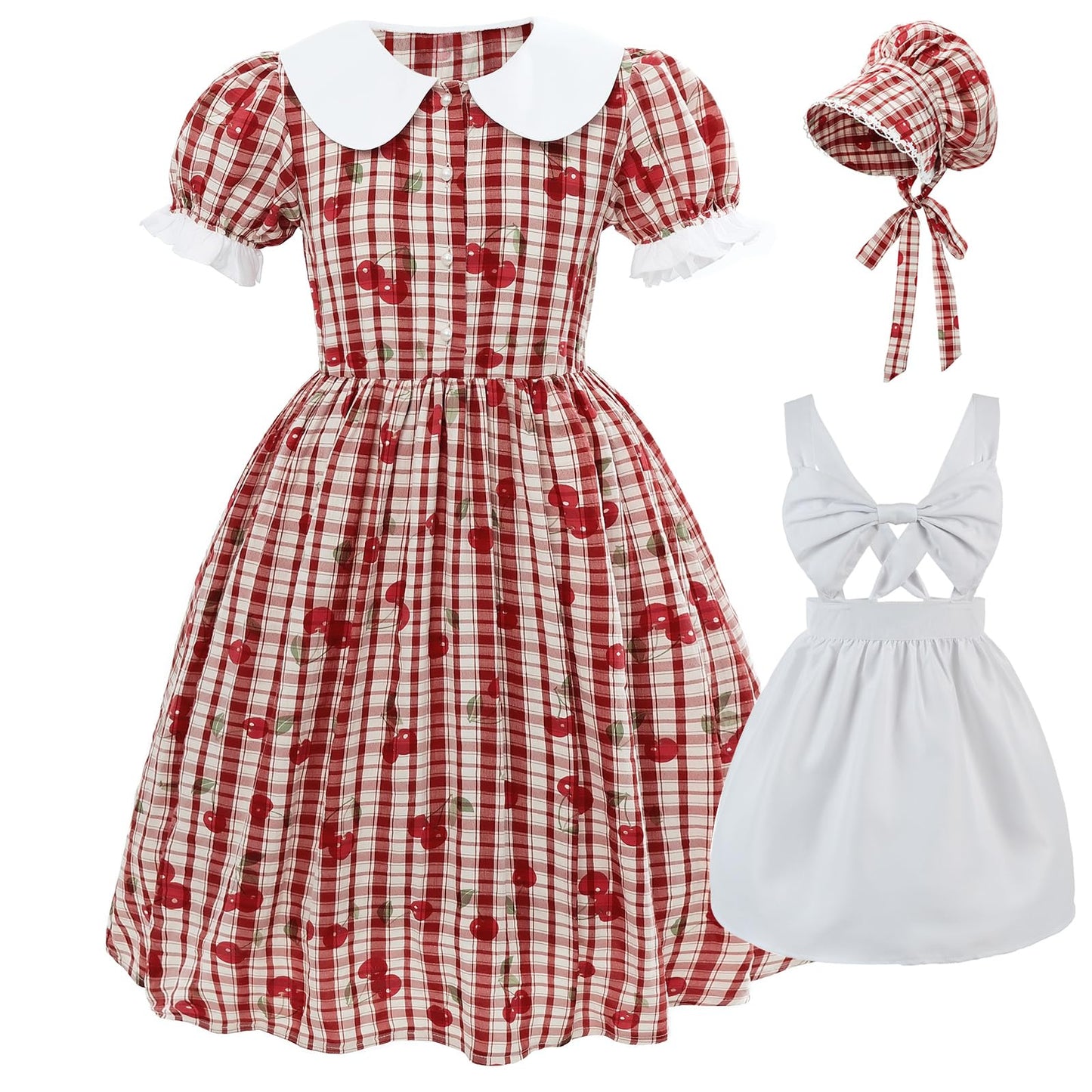 NSPSTT Prairie Dresses for Girls Pioneer Costumes for Girls Amish Dress Colonial Girl Cherry Plaid Dress, Red, XXL age over 4 years old