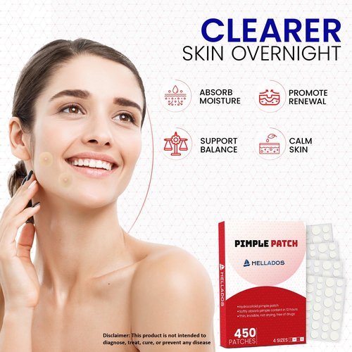 Hellados™ 450 Pimple Patches For Face, 4 Size Acne Patches, Hydrocolloid Zit Patches, Blemish Patches, Spot Stickers with Tea Tree Oil and Calendula Oil