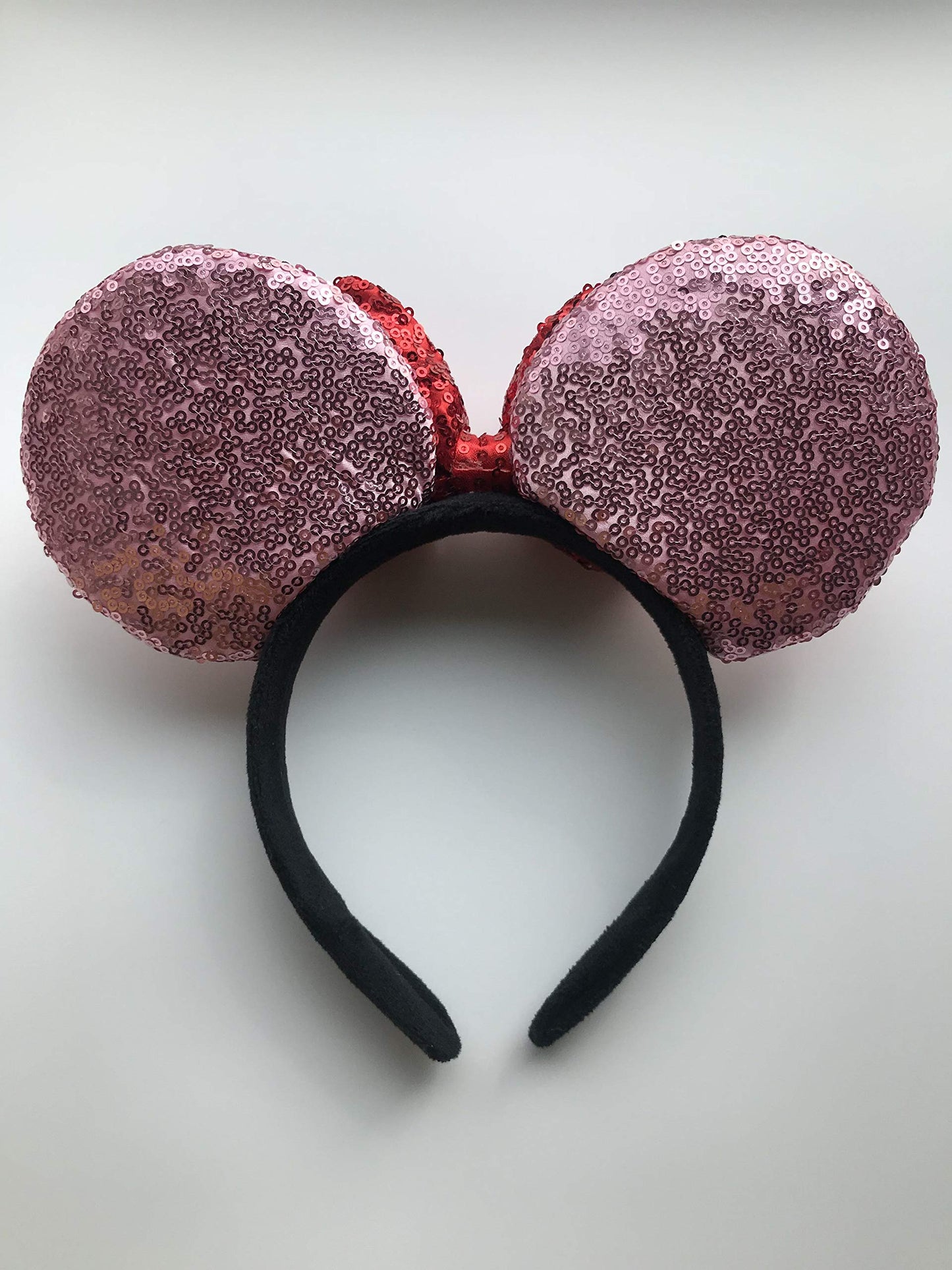 A Miaow 3D Black Mouse Sequin Ears Headband MM Glitter Butterfly Hair Clasp Park Supply Adults Women Photo Accessory (Pink and Red)