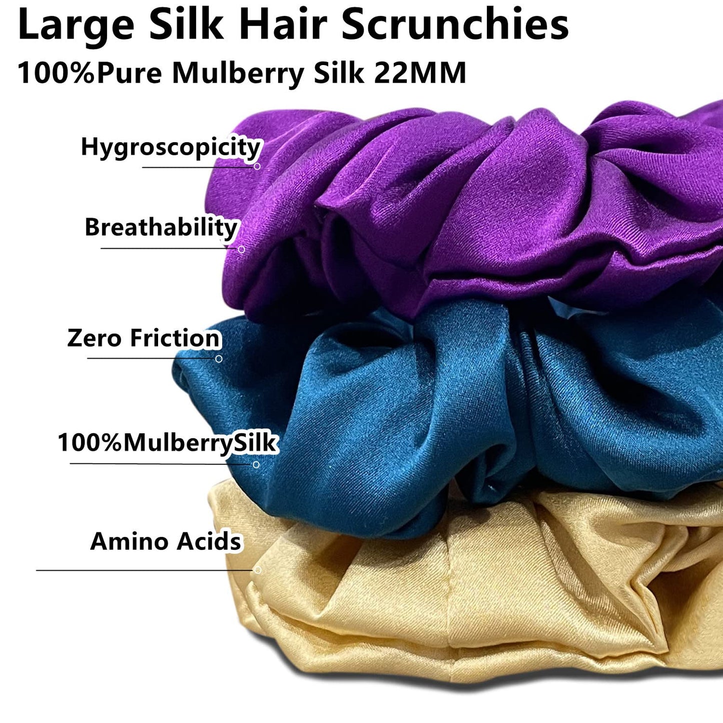 Suncdelv Silk,100% Silk Scrunchies for Hair,22 Momme Hair Ties for Anti-Crease & Breakage,Natural Women Hair Accessories，Fashion Hairbands 3PCS（Purple, gemstone, gold）