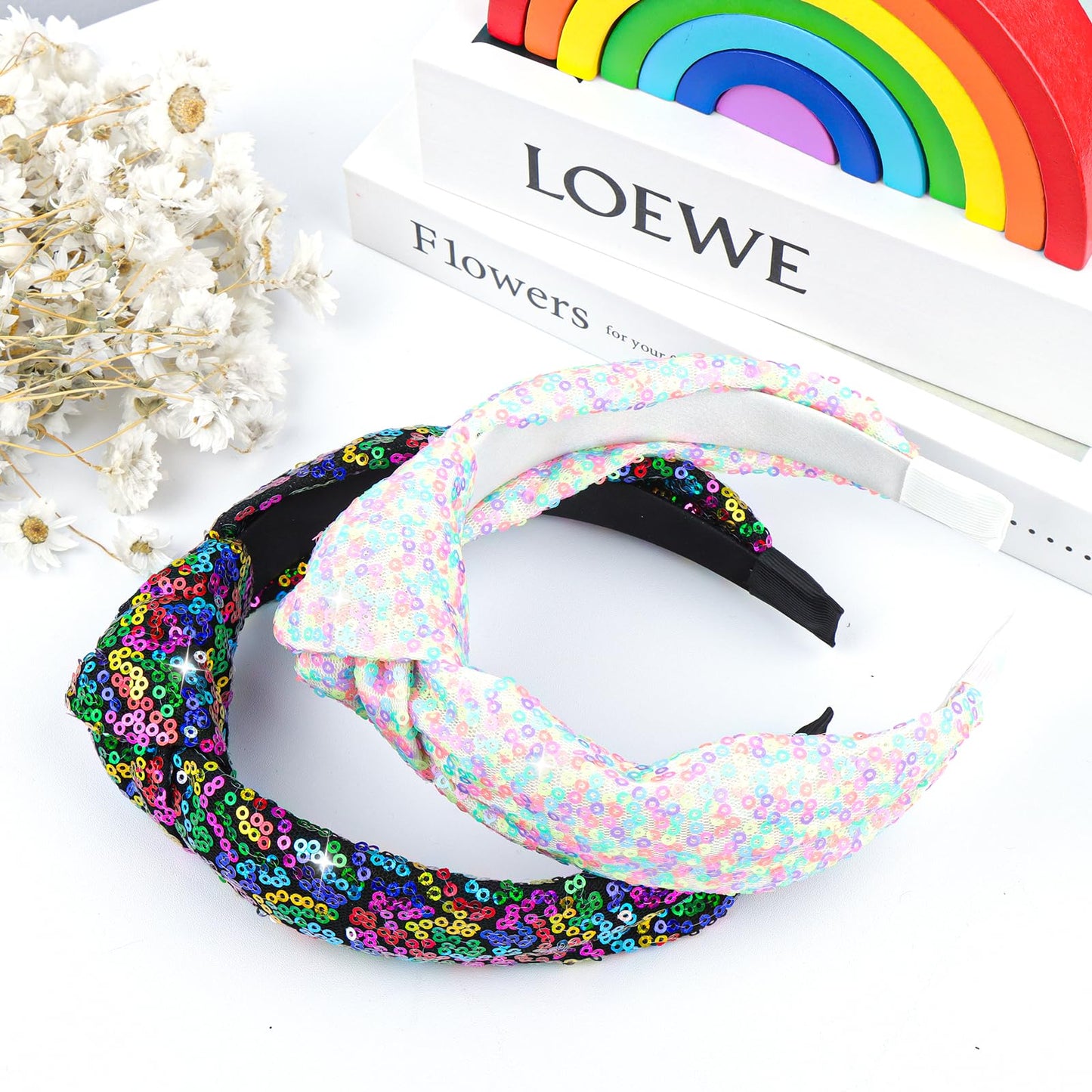 Lanmerry Knotted Headband for Women Rainbow Pride Accessories Sequins Square Headband Glitter Hairbands Girls Fashion LGBTQ Tween Girls Gifts 2Pcs Sparkly Hair Hoop