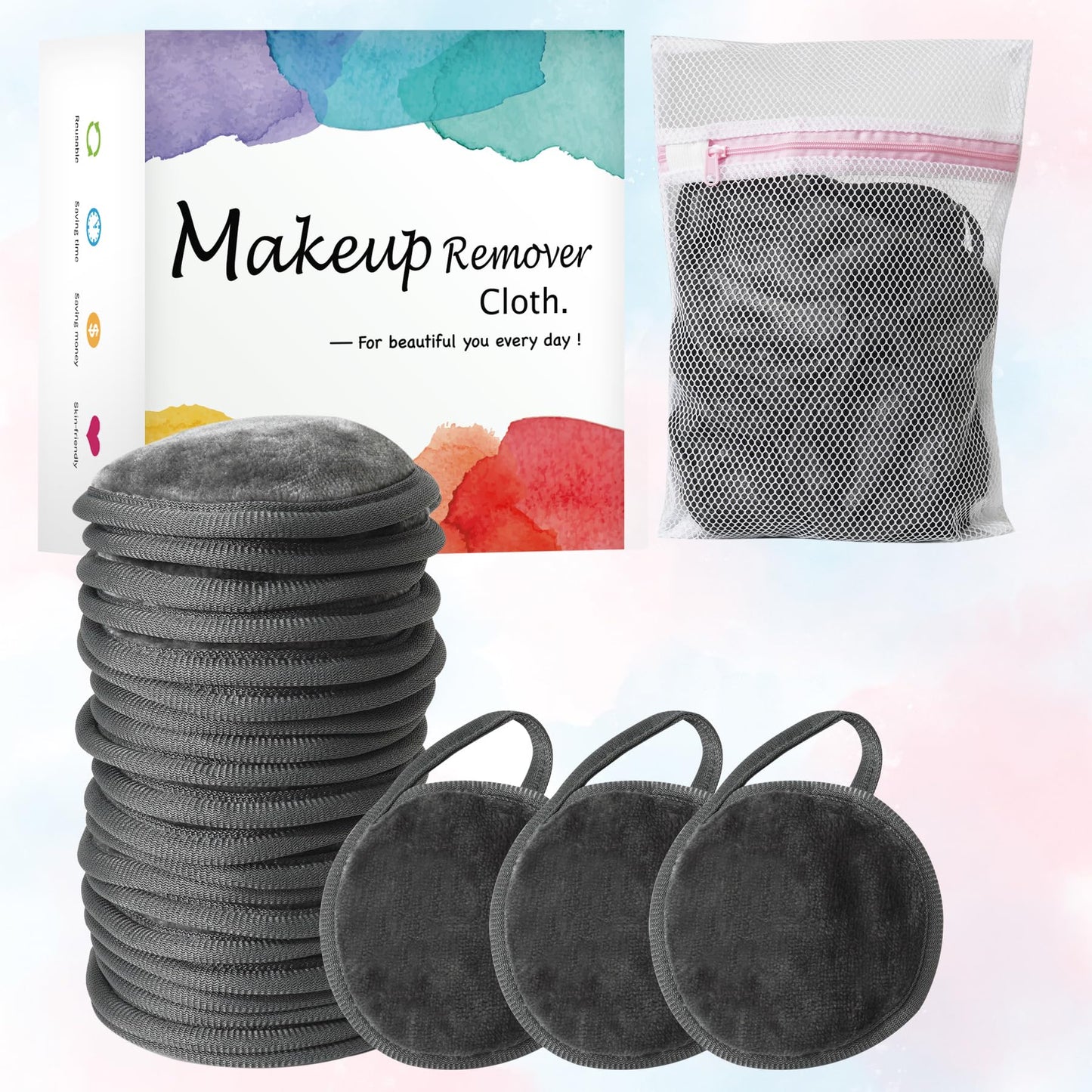 Nugilla 20 Packs Reusable Makeup Remover Pads with a Washable Laundry Bag, Microfiber Towel Clean Skin Face Towels, Soft Makeup Remover Cloth, Fast Drying Washcloth (Grey)