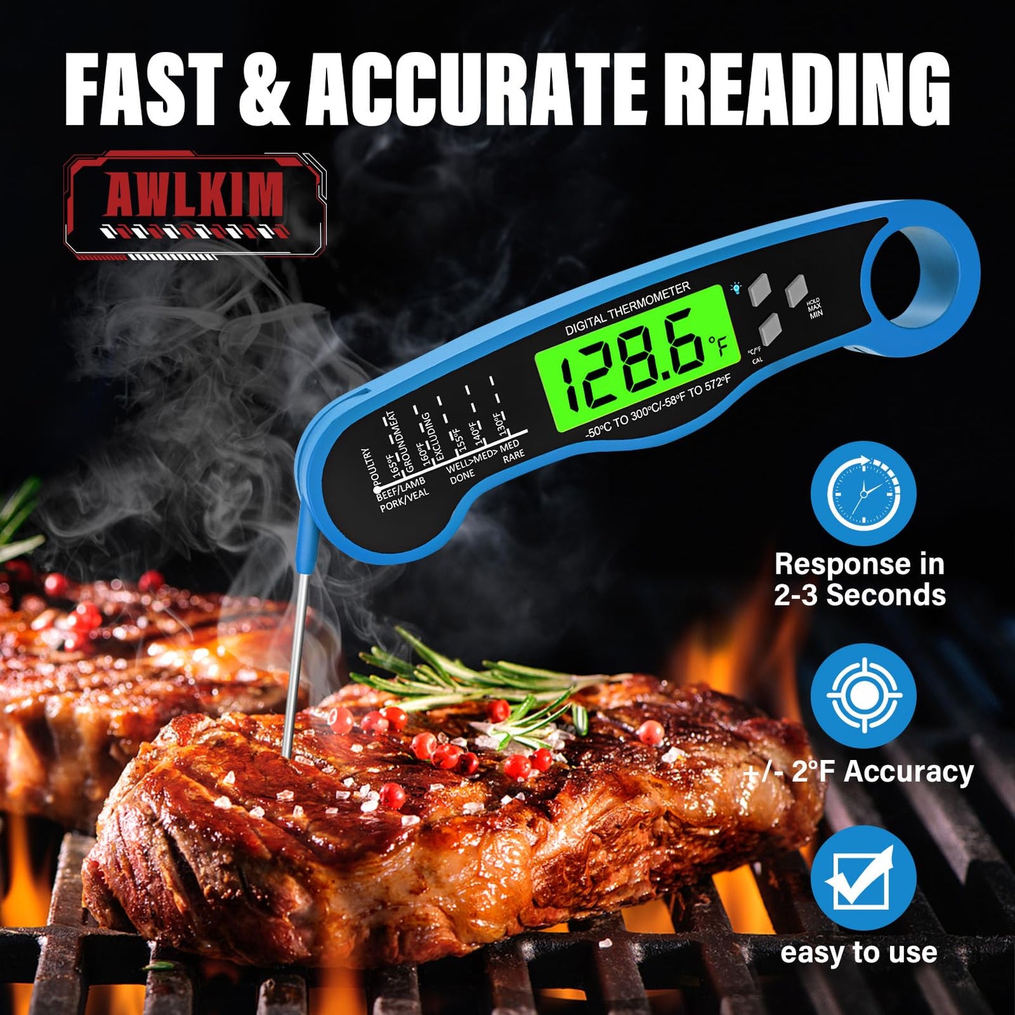 Fast Instant Read Meat Thermometer with Backlight - Waterproof Digital Food Probe for Grilling, Cooking, Baking & Candy Making - Kitchen & BBQ Essential(Black)