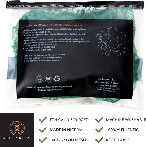 Bellanomi African Exfoliating Net Sponge - Authentic Back Scrubber, 45 Inches Long | Emerald Green