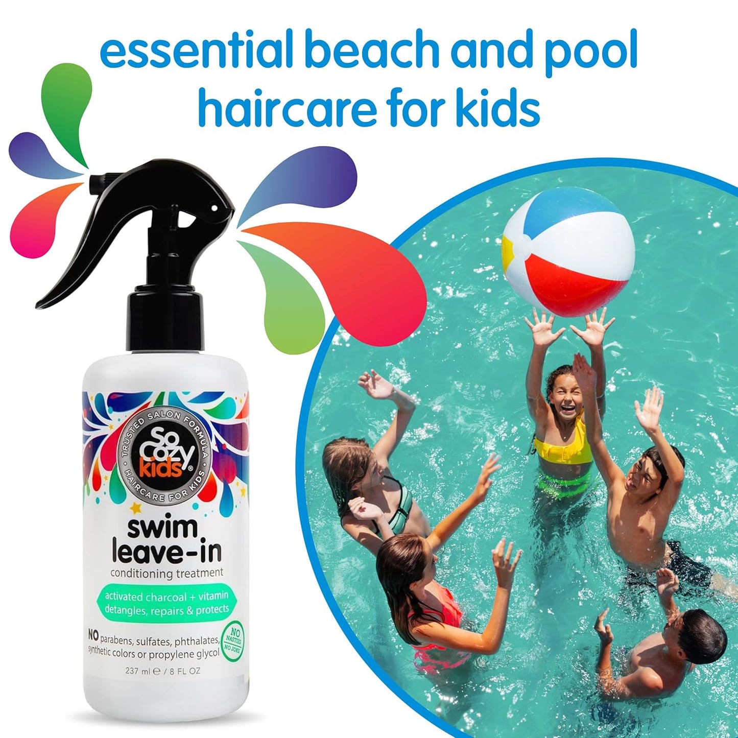 SoCozy Swim Leave-In Conditioner Spray - Protect & Repair Kids' Hair | 8 Fl Oz, Gentle Formula with Charcoal & Vitamin B5