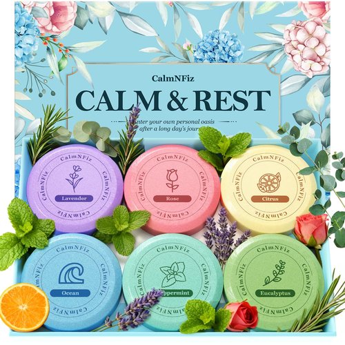 CalmNFiz 6 Pack Shower Steamers Aromatherapy, Stocking Stuffers for Women Men, Birthday Gifts for Her, Christmas White Elephant Gifts for Mom Adults Teen, Relaxation Self Care Natural Essential Oil