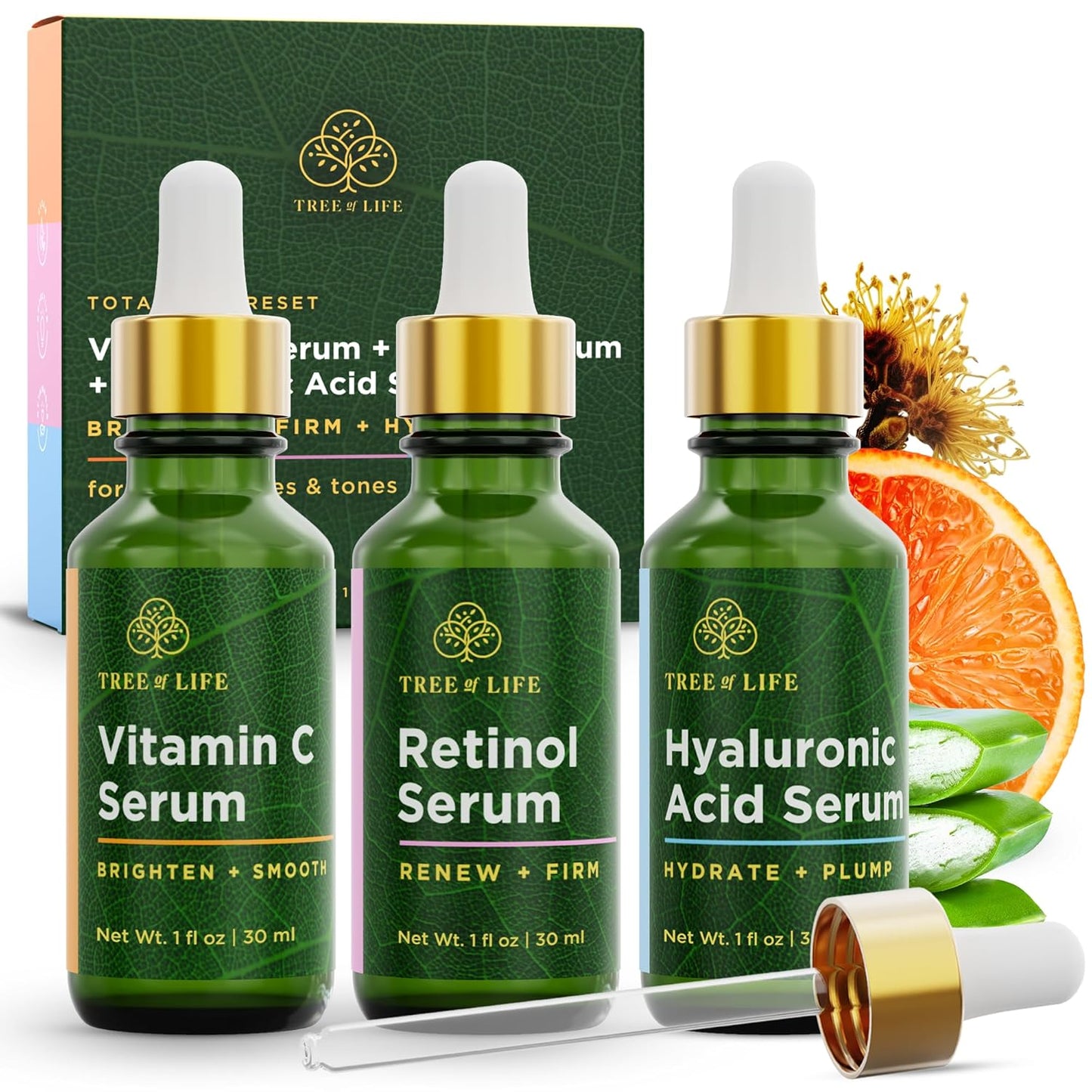 Tree of Life Beauty Facial Skin Care Set - Brightening & Hydrating Serums with Vitamin C, Retinol & Hyaluronic Acid | 1 Fl Oz (Pack of 3)
