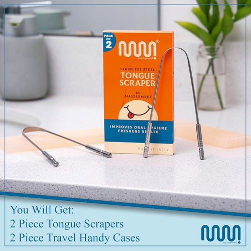 MasterMedi Tongue Scraper - 100% Stainless Steel Tongue Cleaner with Multicolor Travel Cases (2 Pack) for Fresh Breath
