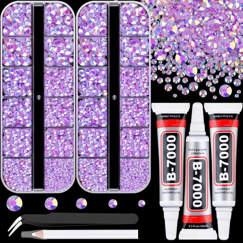 Resin Rhinestones for Crafting with 3Pcs 10ml B7000 Jewelry Glue, 2 Boxes Lavender Purple AB Flatback Gems Crystals Diamond for Bedazzling Crafts DIY Nail Art Makeup,Gems for Clothing Tumblers Shoes