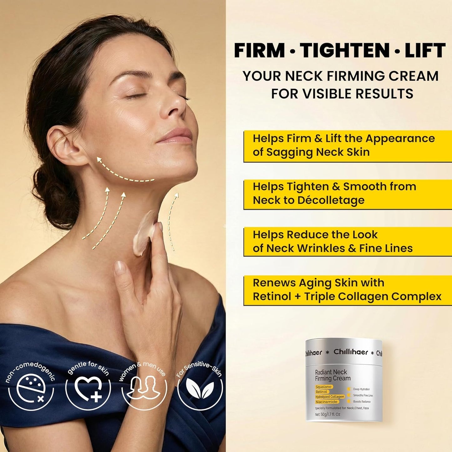 Skiennix 8-in-1 Neck Firming Cream - Retinol & Triple Collagen Moisturizer for Tightening & Lifting - 1.7 Fl Oz