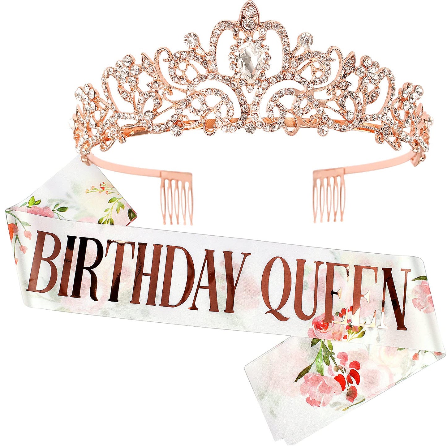 "Birthday Queen" Sash & Rhinestone Tiara Set COCIDE Rose Gold Birthday Sash and Tiara for Women Birthday Decoration Kit Rhinestone Headband for Girl Glitter Crystal Hair Accessories for Party