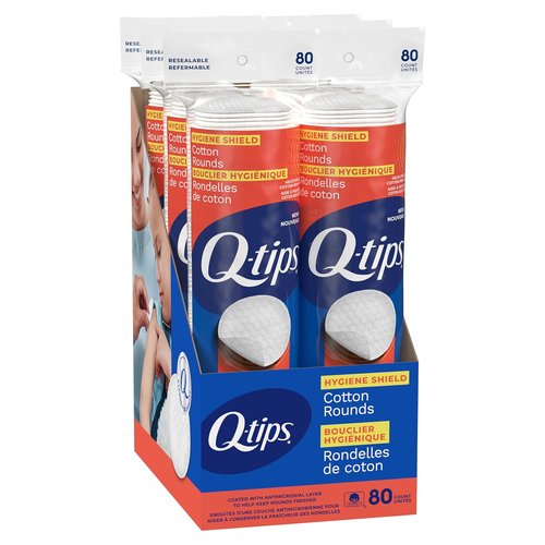 Q-Tips Hygiene Shield Cotton Rounds - Antimicrobial Lint-Free Makeup Remover Pads, 80 Count Per Pack, 6 Pack