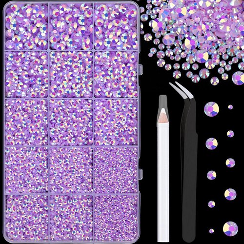 16000Pcs Resin Jelly Rhinestones with Tweezers for Crafting, Lavender Purple AB 2-6mm Mixed Sizes Flatback Gems, Bedazzling Crystal for DIY Crafts Clothing Tumblers Mugs Shoes Fabric Nail Art