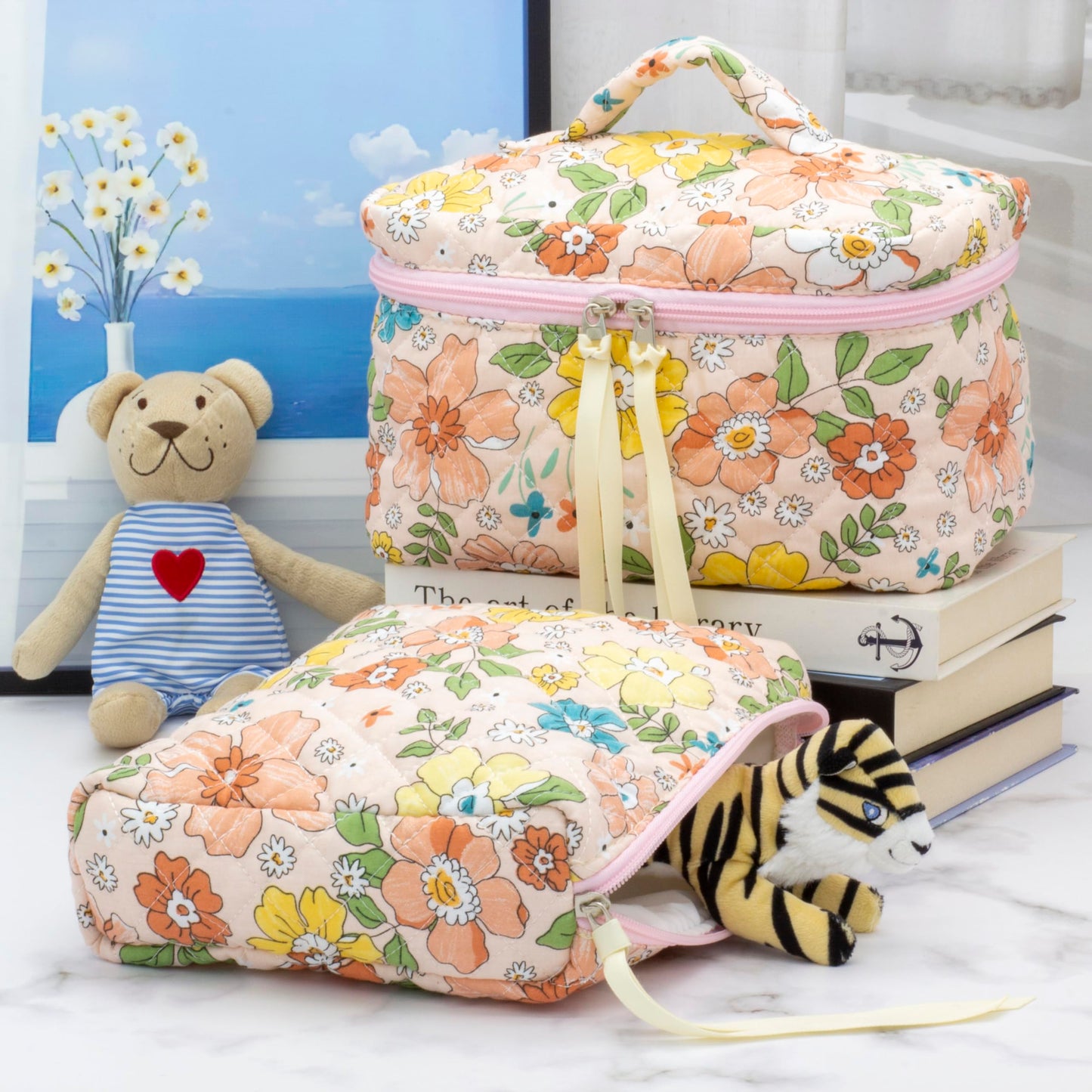 PAZIMIIK Cotton Makeup Bag for Women Large Quilted Travel Cosmetic Case Girls' Make Up Organizer,Floral Orange