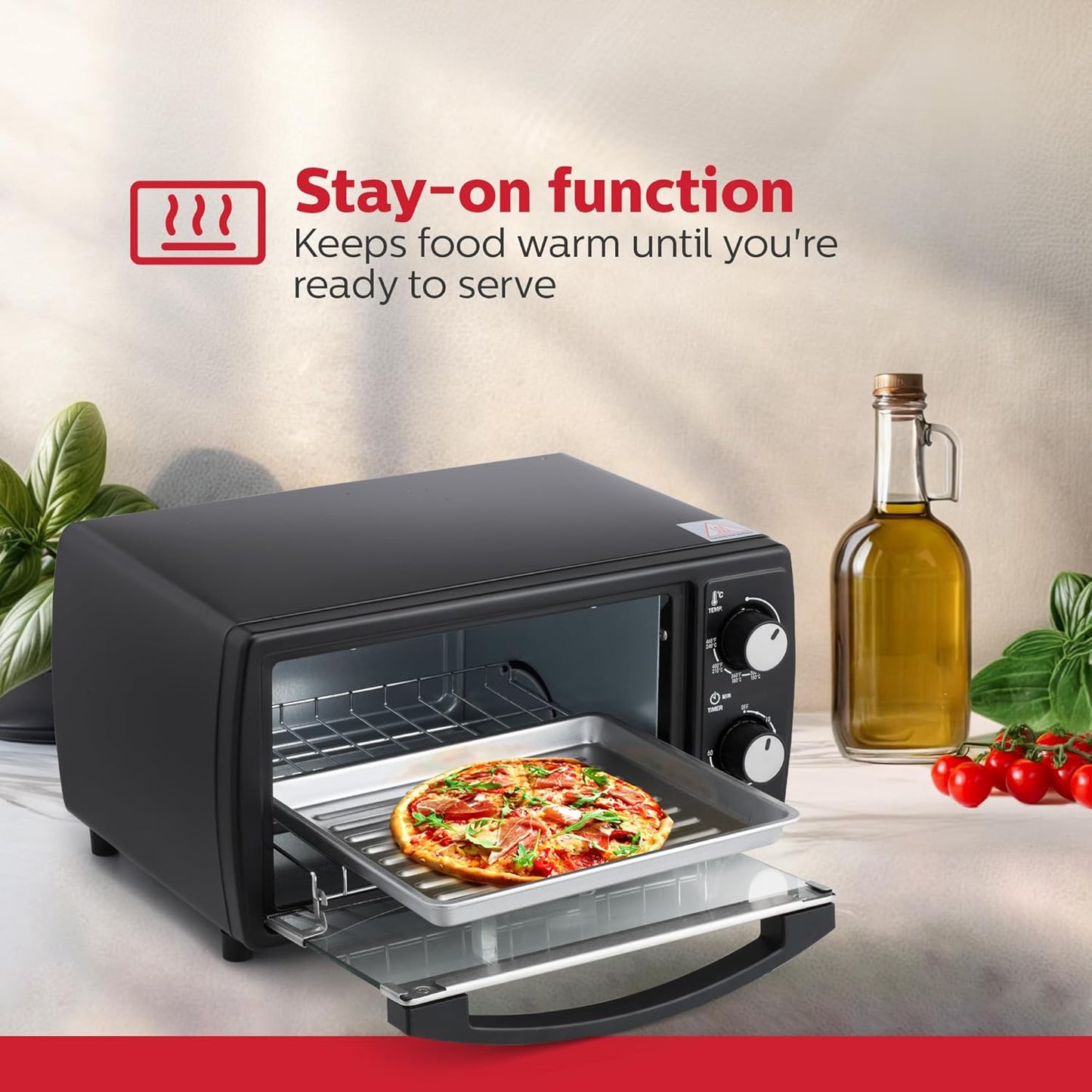 Holstein Housewares 4-Slice Toaster Oven - Compact Design with 60-Minute Timer | Includes Pan & Wire Rack in Sleek Black