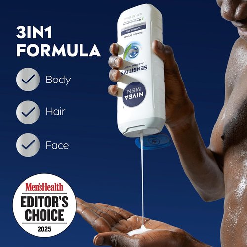 NIVEA MEN Sensitive Body Wash - Moisturizing Bamboo Extract Formula for Sensitive Skin | 16.9 Fl Oz, Pack of 3