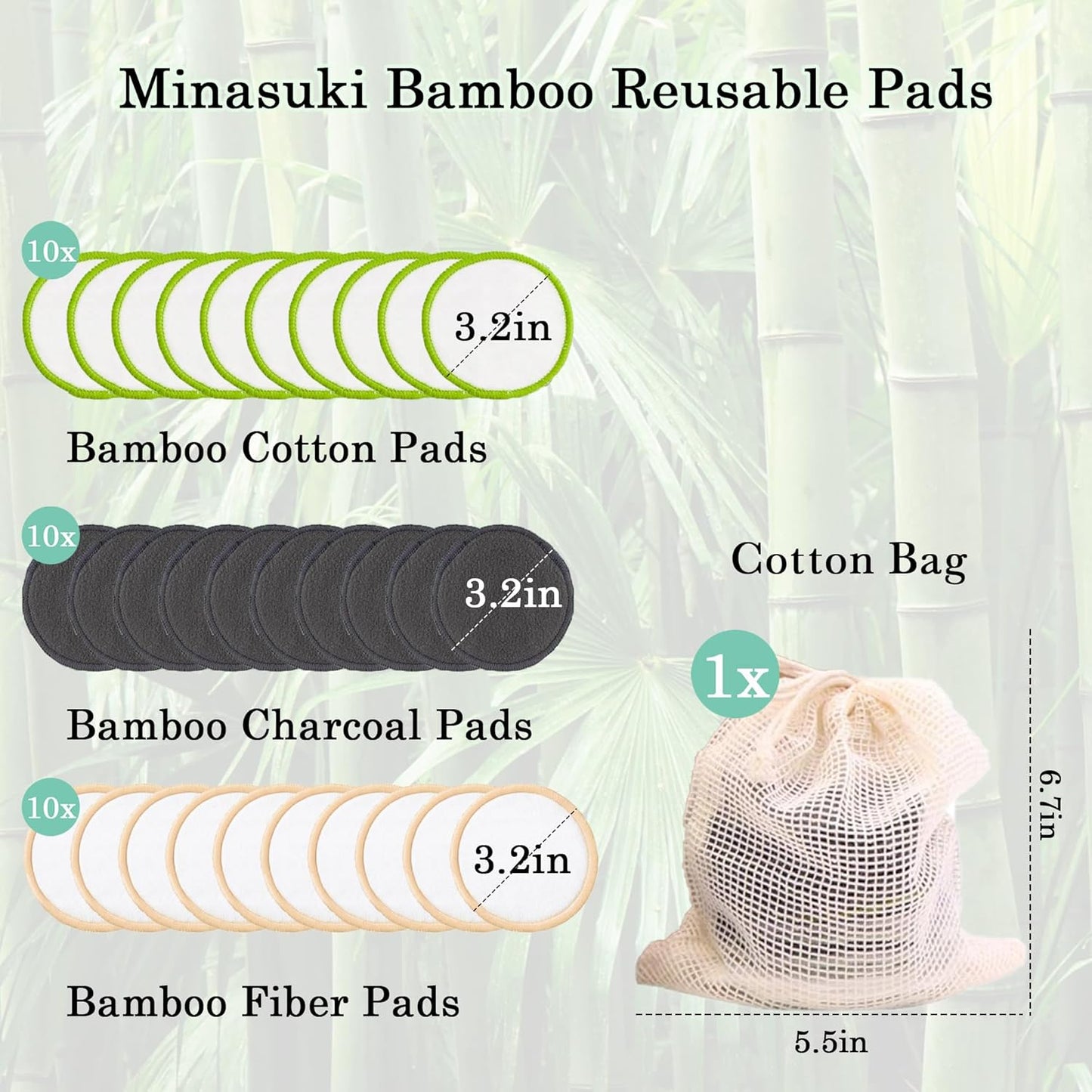 Skiennix Reusable Makeup Remover Pads - 30 Soft Bamboo Cotton Rounds for Skincare & Cleansing | Washable with Mesh Bag